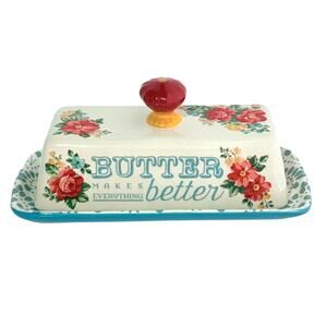 Pioneer Women Butter Dish Vintage Floral Teal Plate Red Knob 8.5" Stoneware